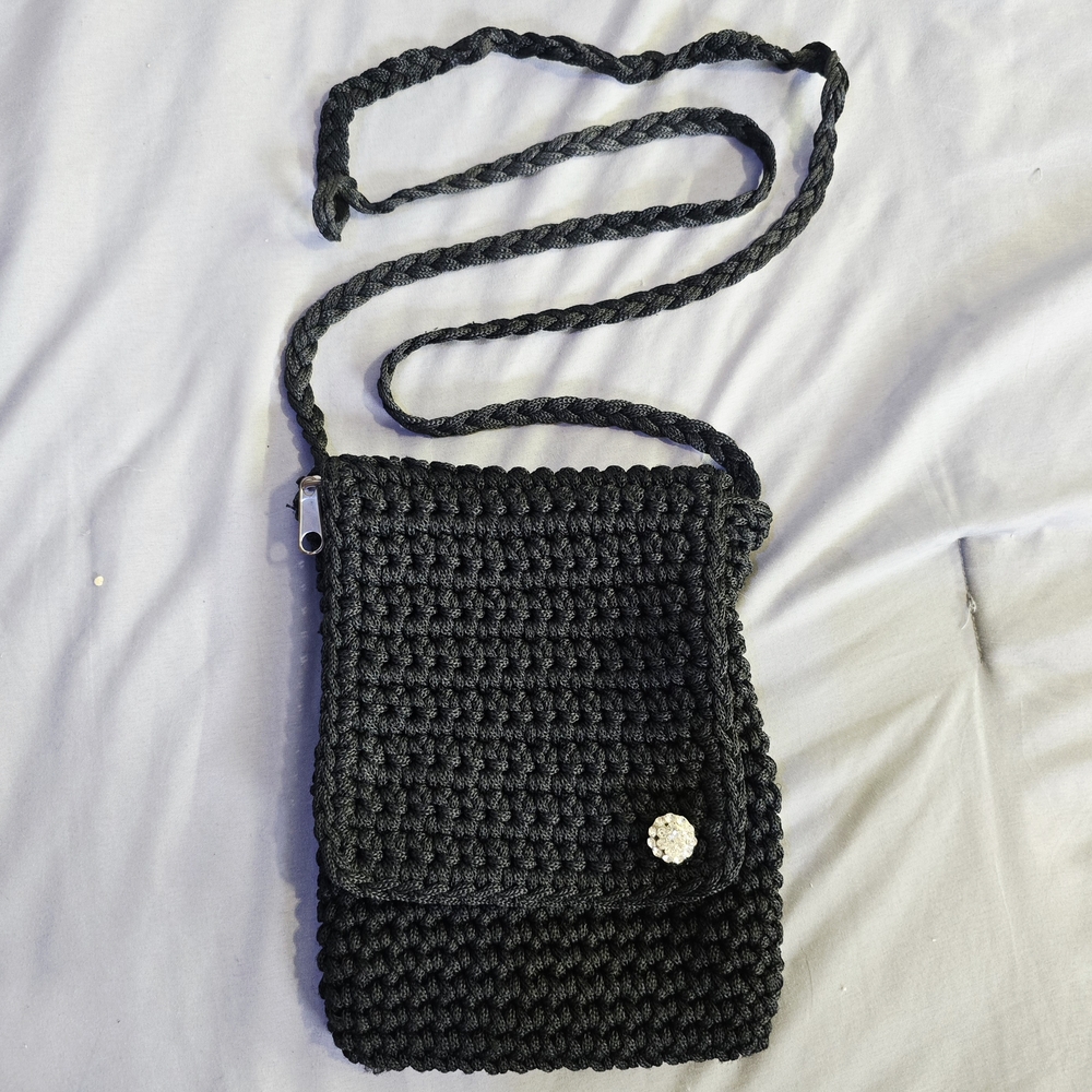 Cafe Crossbody Black Crochet Macrame Boho Festival Bag Adjustable Strap Pouch